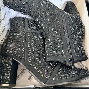 Women’s Black Embellished Cutout Heeled Booties
